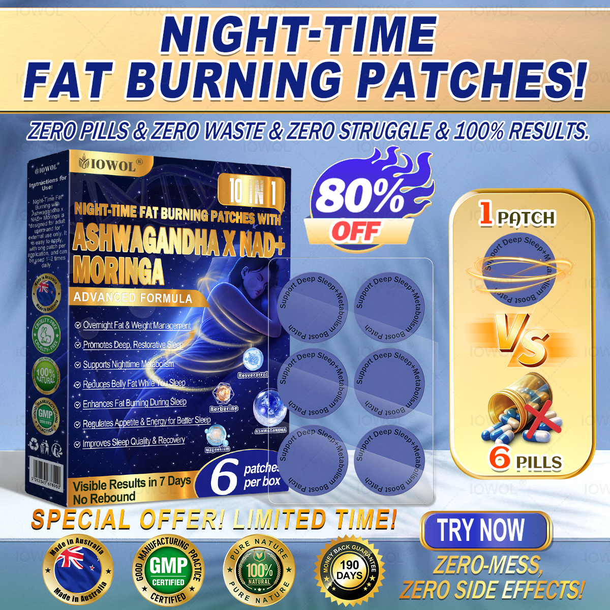 IOWOL® NIGHT-TIME FAT BURNING PATCHES! ZERO PILLS & ZERO WASTE & ZERO STRUGGLE & 100% RESULTS.